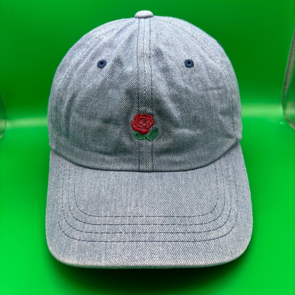 The Hundreds Red Rose Flower Design Men's Blue Denim Washed Faded Dad Hat Rare